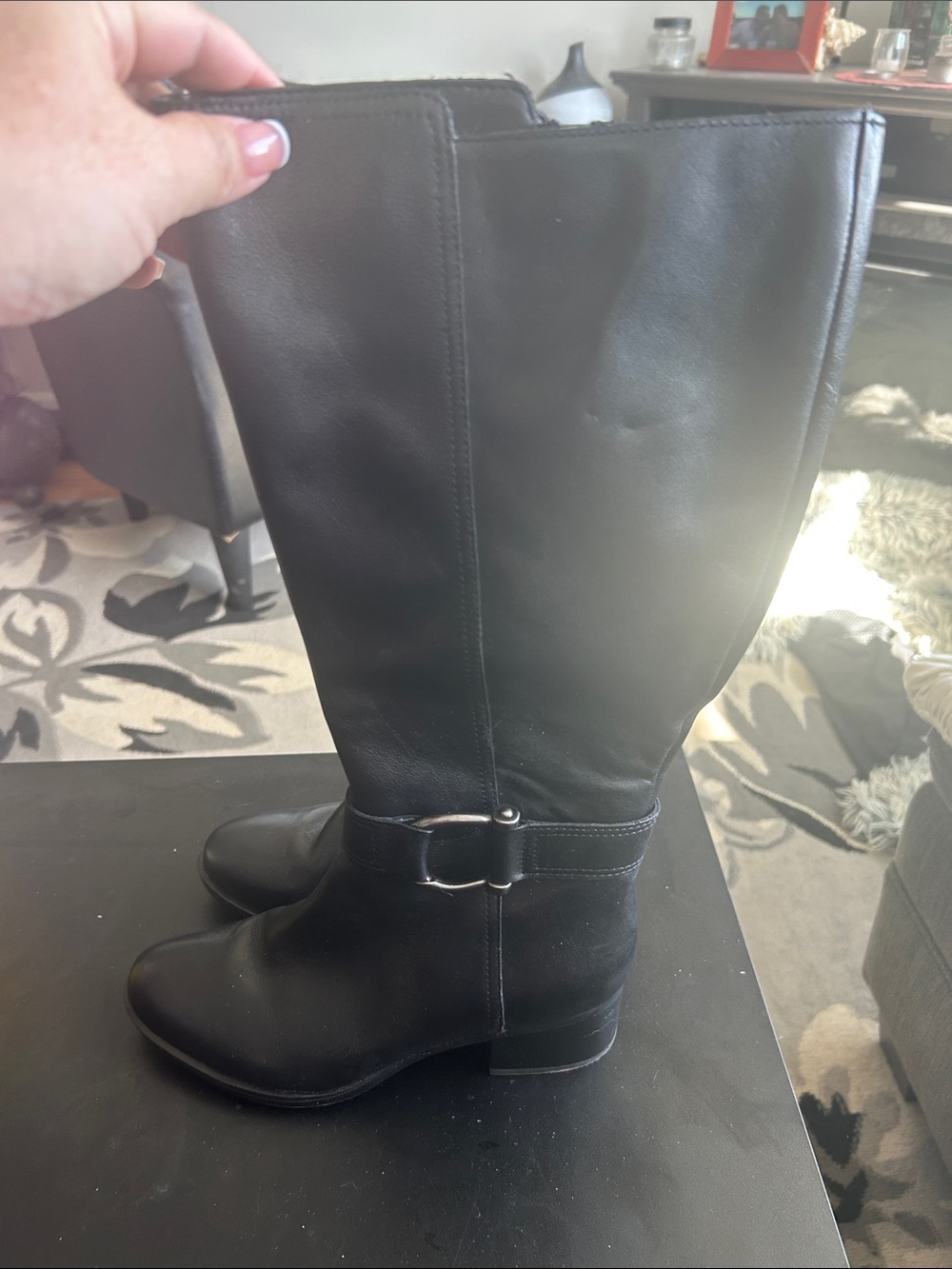 Naturalizer Black Leather Knee-High Heeled Riding Boots
